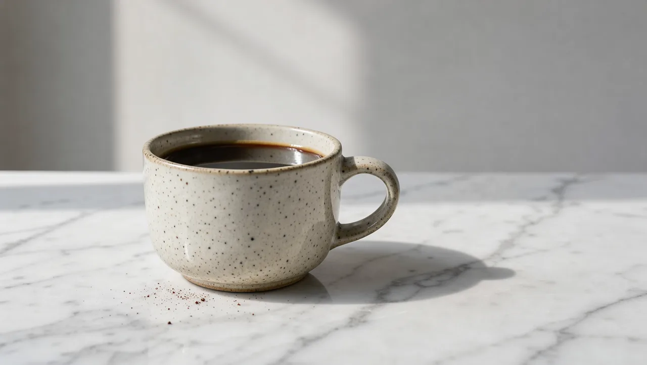 Una taza de cerámica moteada sobre una mesa de mármol con luz suave de ventana