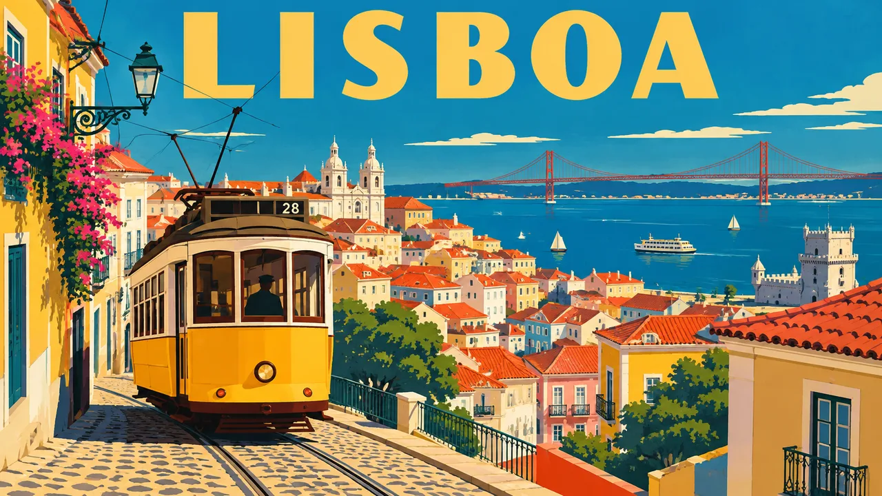 ملصق سفر قديم الطراز لمدينة لشبونة فيه ترام أصفر وكلمة LISBOA