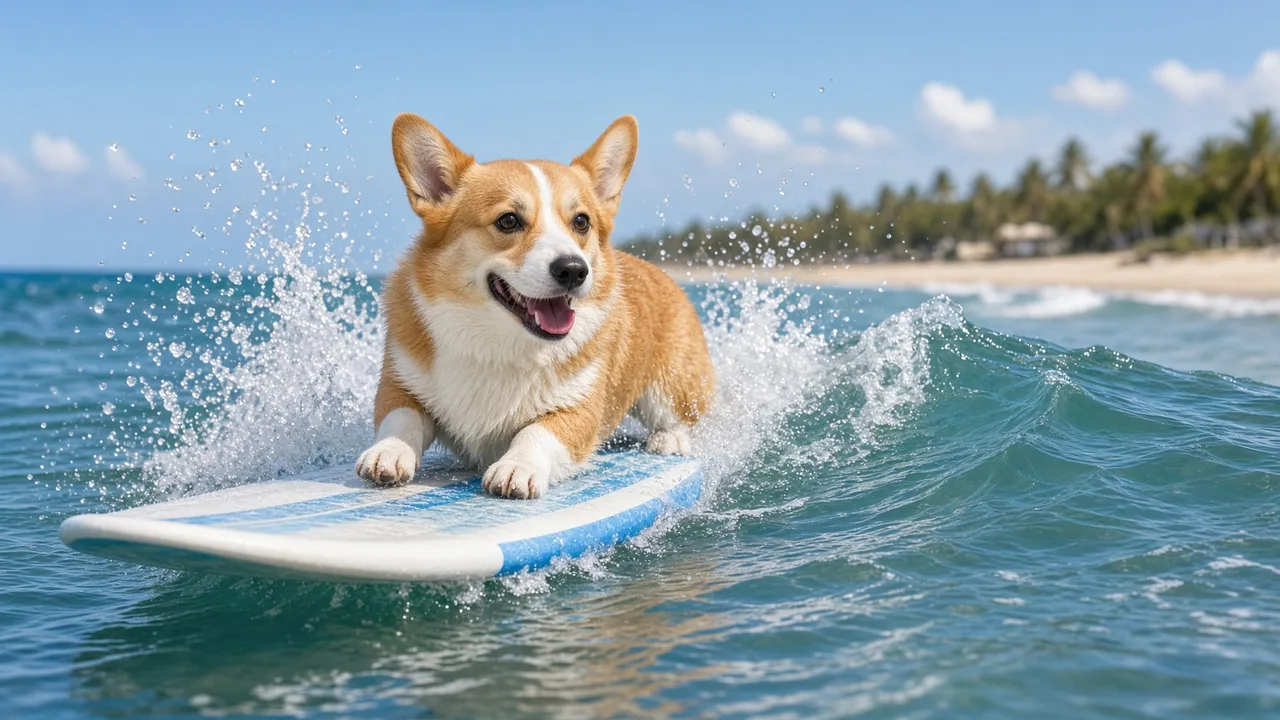 Un corgi su una tavola da surf che cavalca una piccola onda in una spiaggia assolata