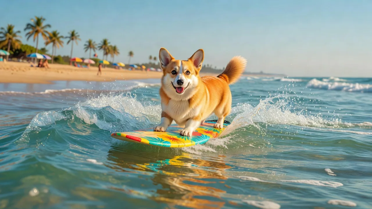 Un corgi su una tavola da surf che cavalca una piccola onda in una spiaggia assolata