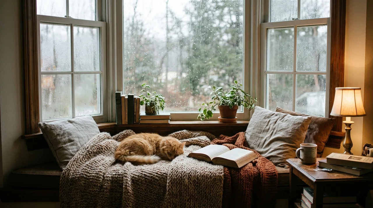 A ginger cat curled on a knitted blanket in a reading nook by a rainy window