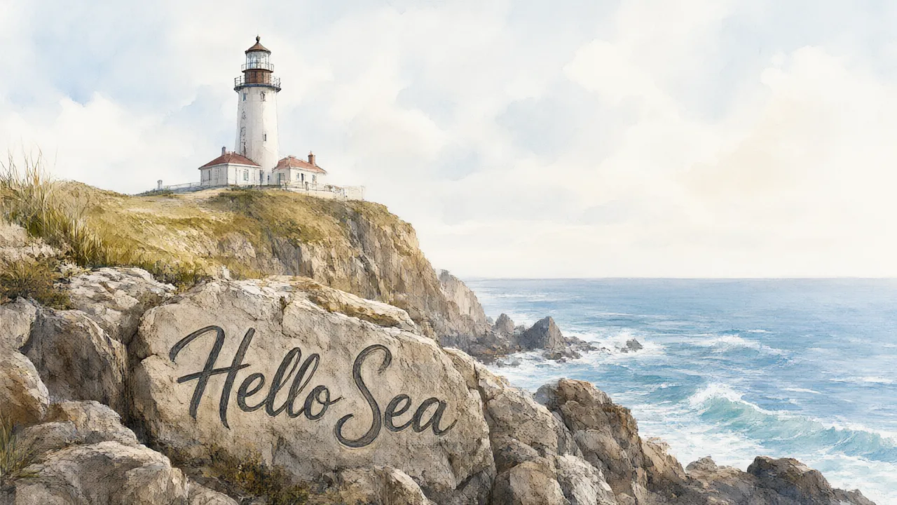 Ein Leuchtturm in Aquarell auf einer Klippe, auf den Felsen stehen die gemalten Worte Hello Sea