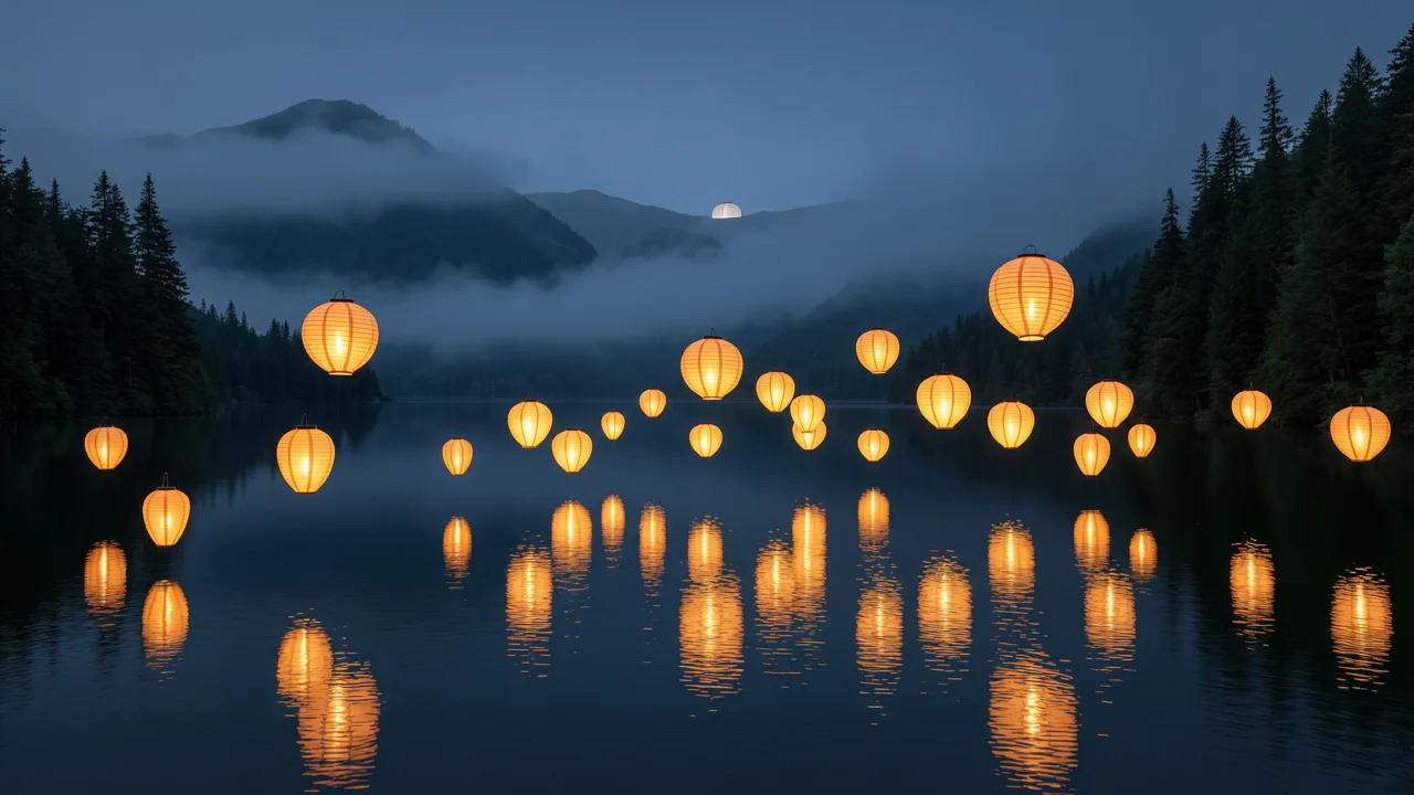 Paper lanterns floating over a misty mountain lake at night